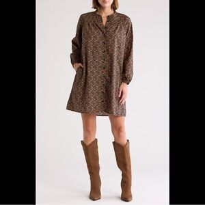 Nation LTD Malena Long Sleeve Button Down Dress Brown Ditzy Floral Loose Fit